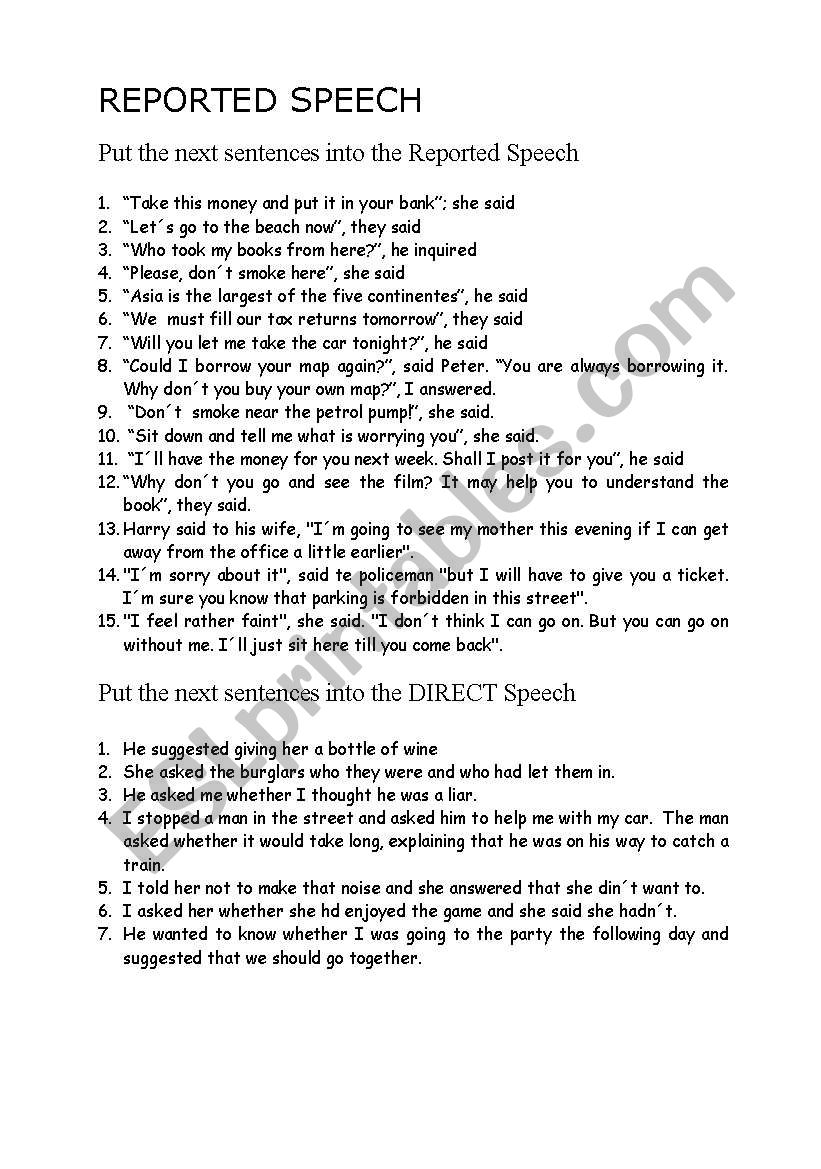 reported speech worksheet