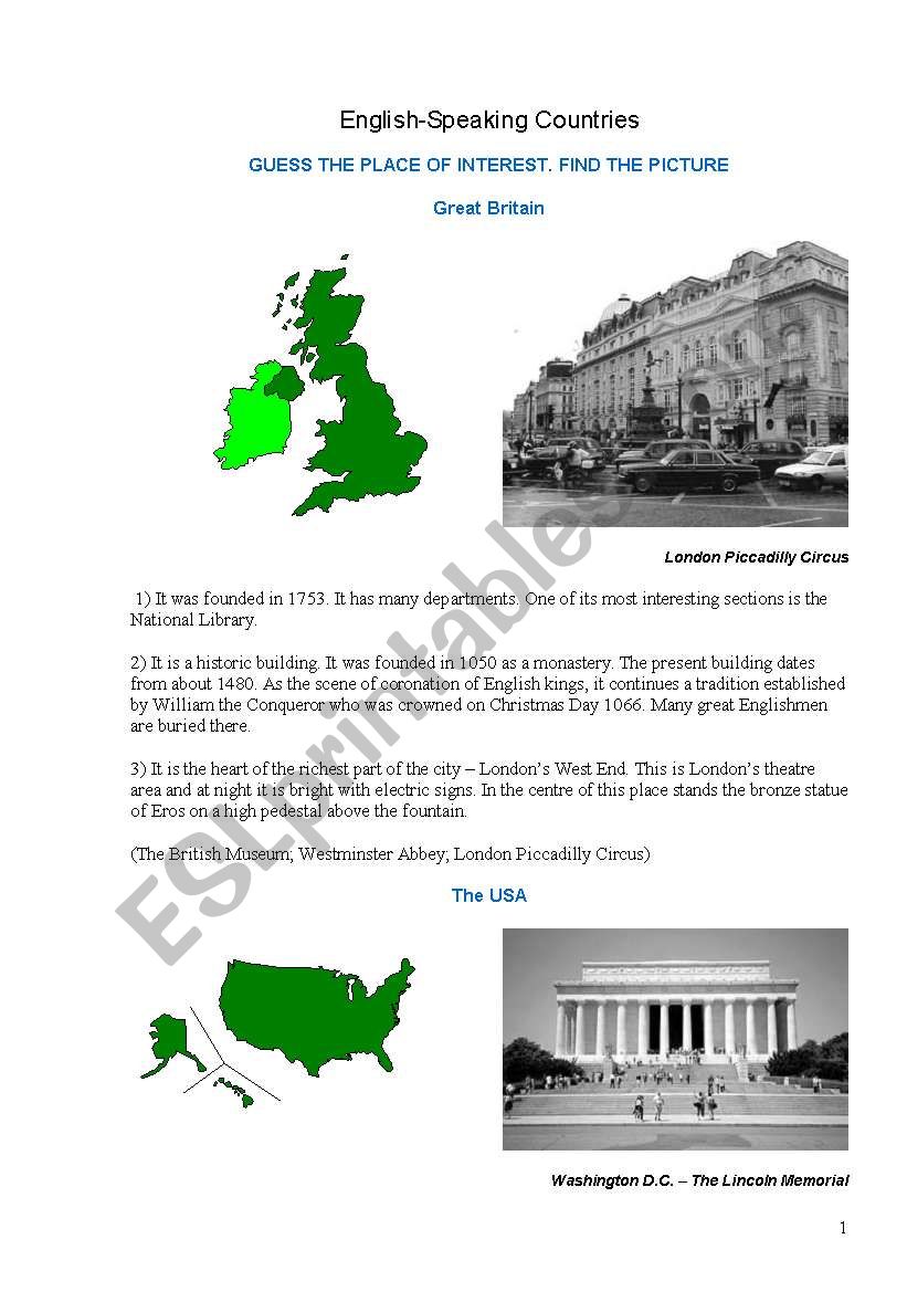 English- Speaking Countries worksheet