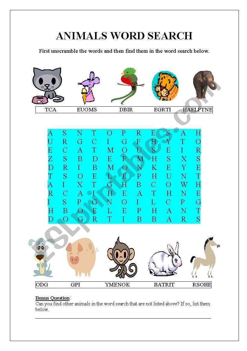 Animals Word Search worksheet