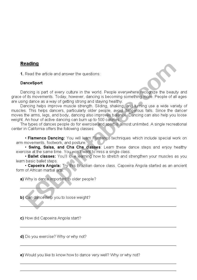 Reading Activity about Dance worksheet