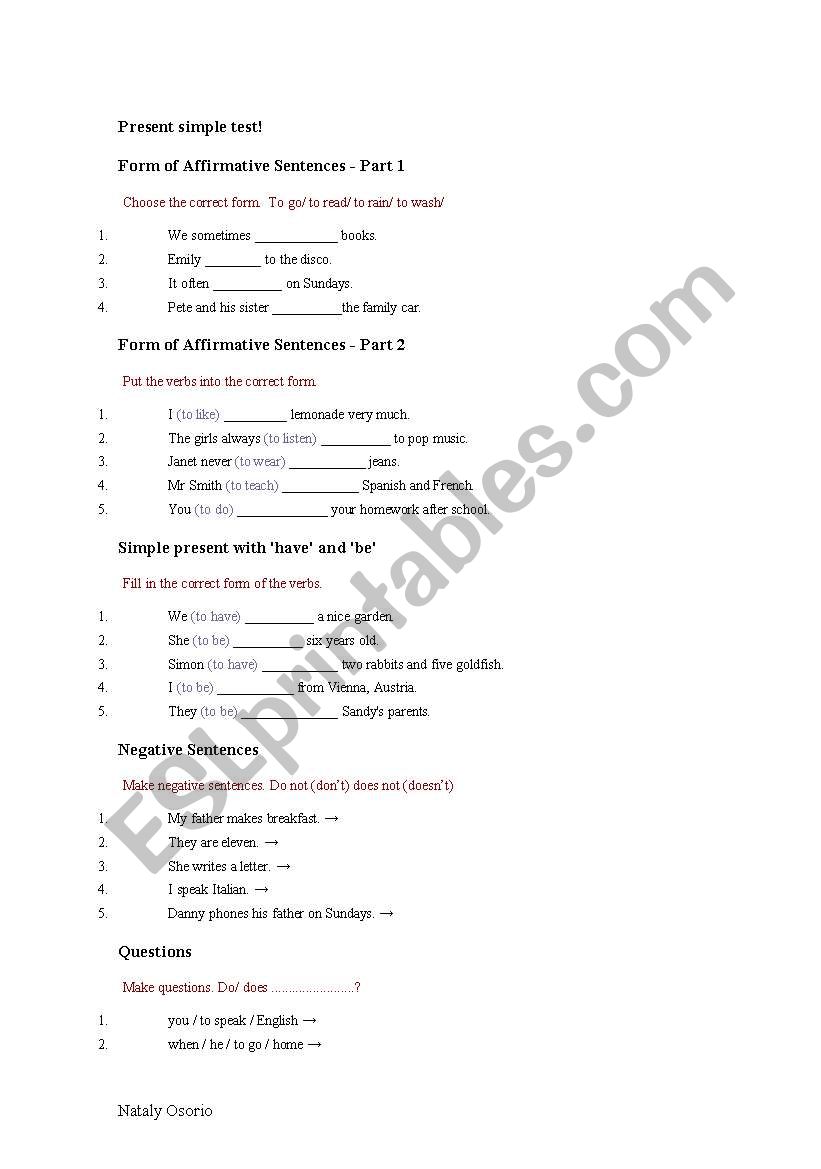 simple present test worksheet