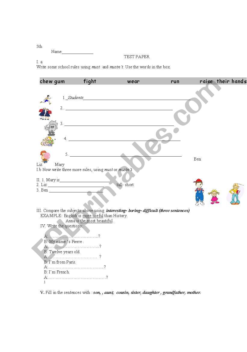 Test paper 5th form worksheet