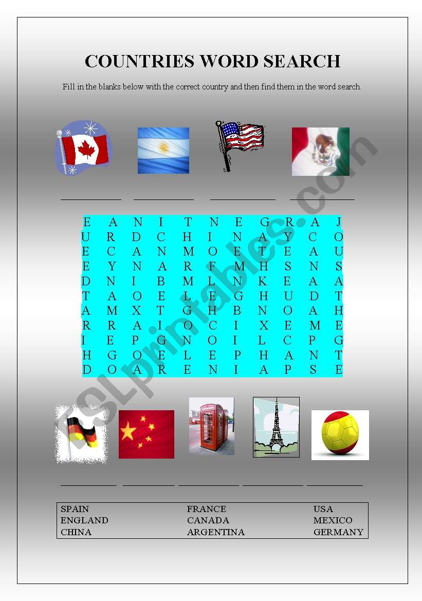 Countries Word Search worksheet