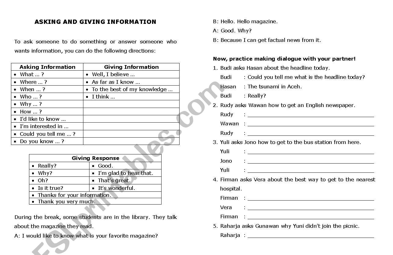 Asking and Giving Information worksheet