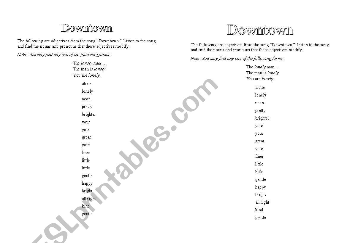 Petula Clark - Downtown worksheet