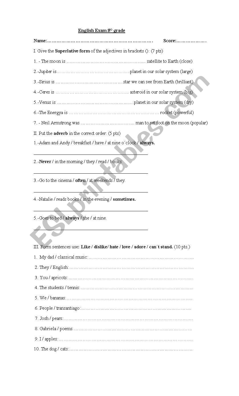 exam worksheet