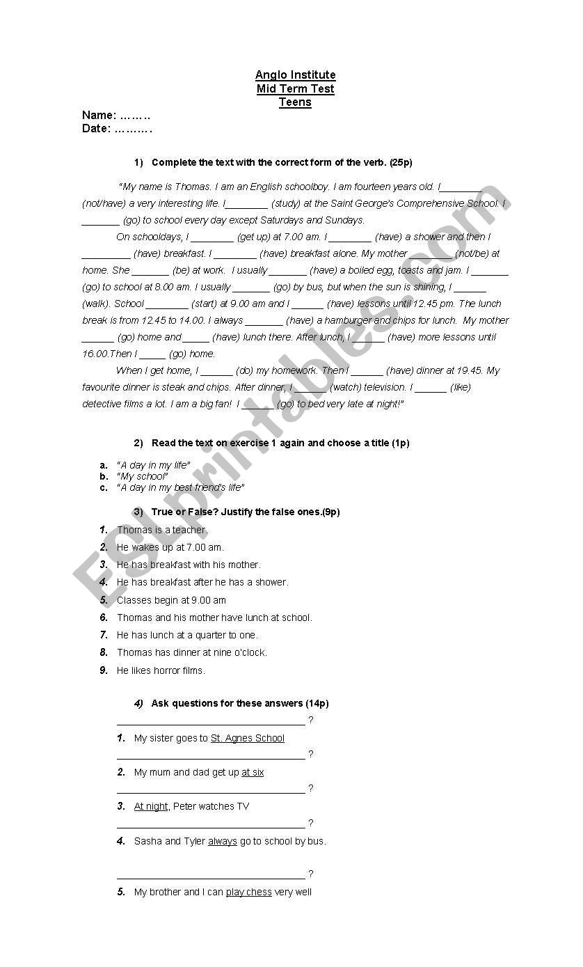 teens quiz worksheet