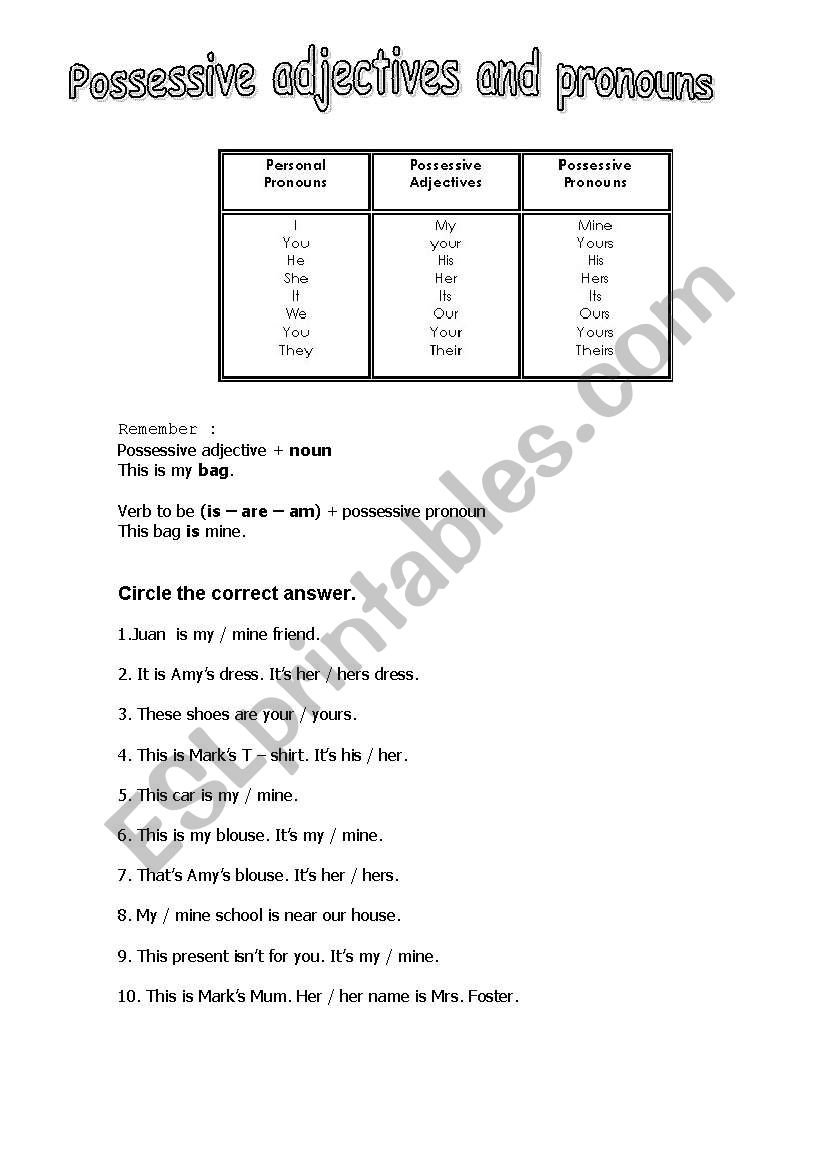 Possessive adj and pronouns worksheet
