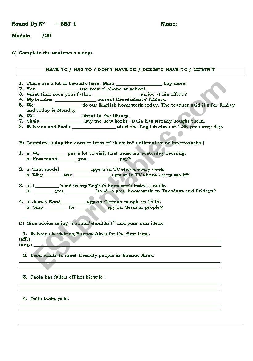 Modals worksheet