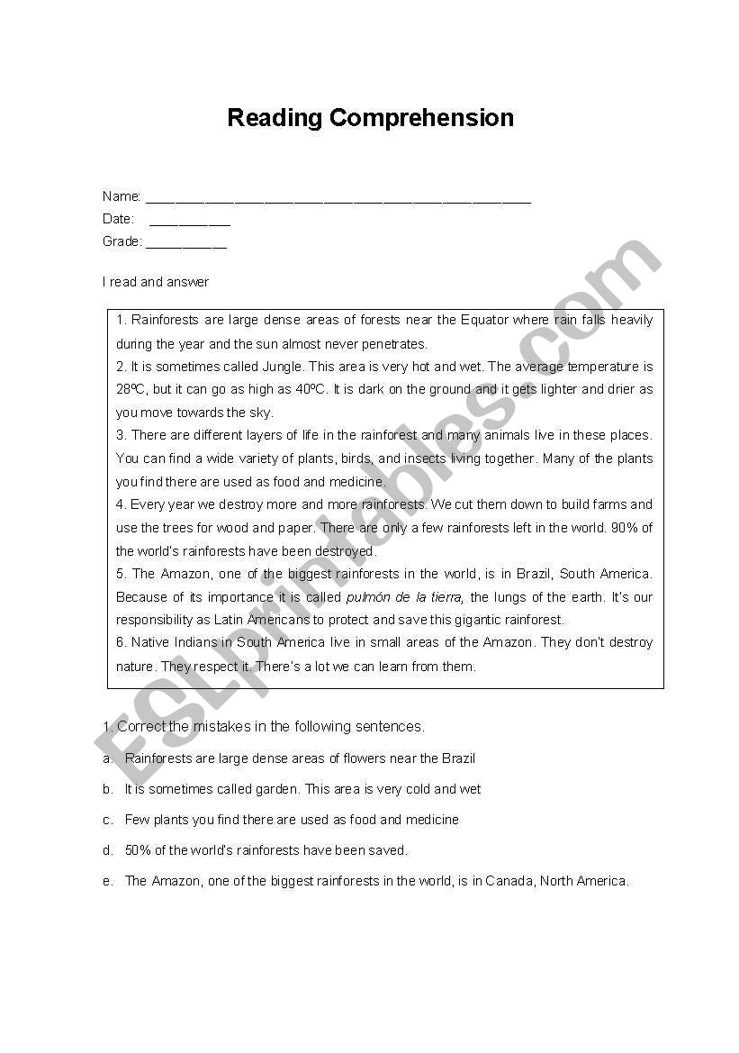 Reading Comprehension worksheet