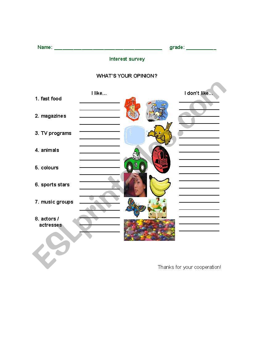 Interests survey worksheet