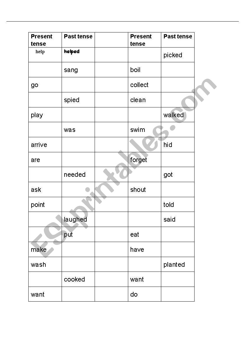 Present and past tense table worksheet