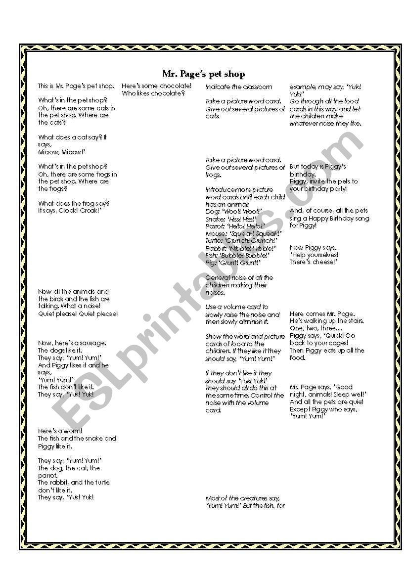 English worksheets Mr. Page’s pet shop Story Lesson Plan
