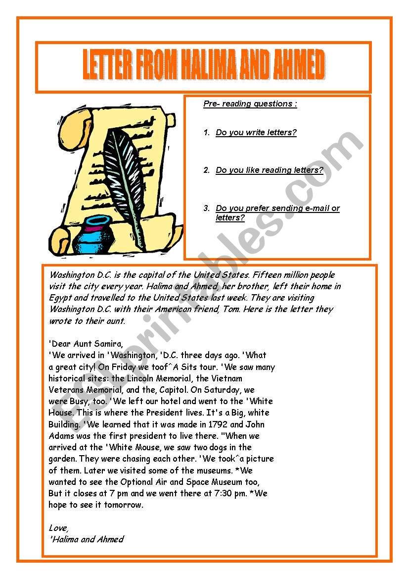 LETTER FROM HALIMA AND AHMED with COMPREHENSION QUESTIONS -PRE READING QUESTIONS + ANSWER KEY 