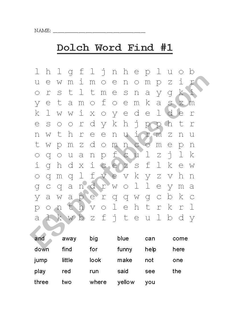 Dolch Pre-primer Word Search worksheet