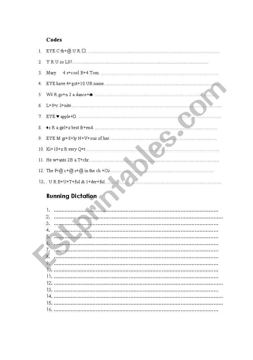 Codes worksheet
