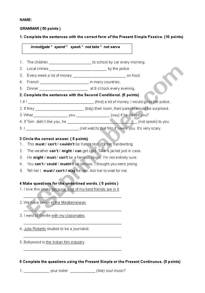 4th ESO final test worksheet