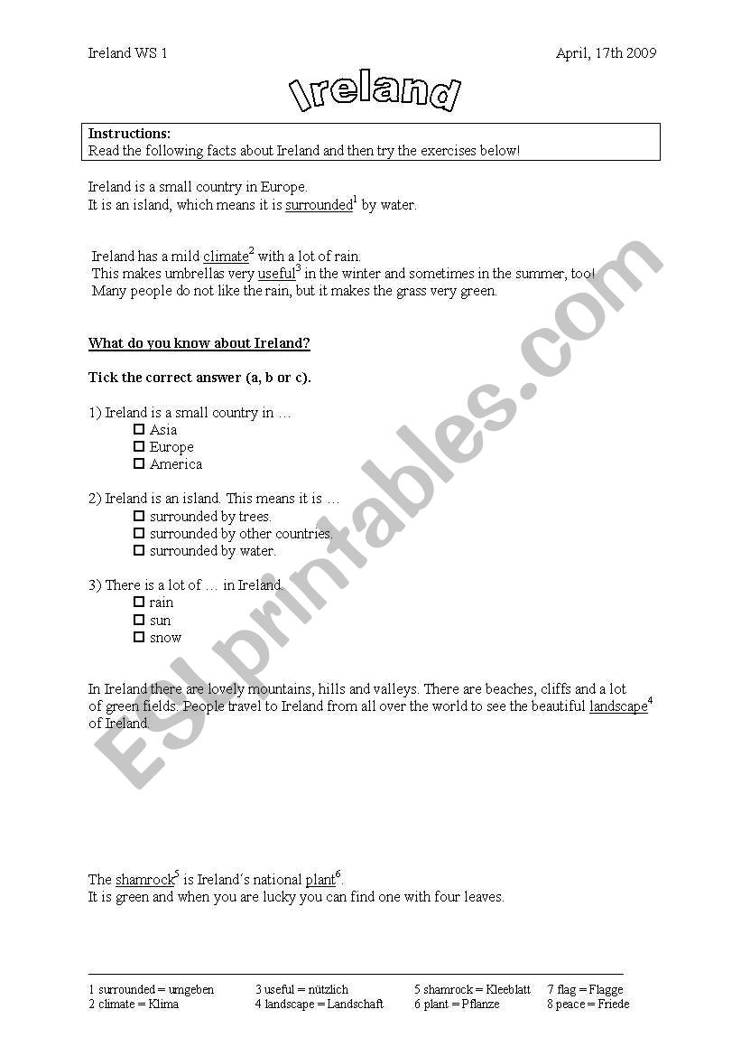 facts about Ireland worksheet