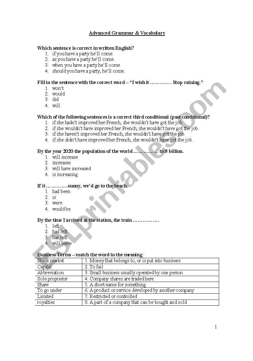 Advanced Grammar & Vocabulary worksheet