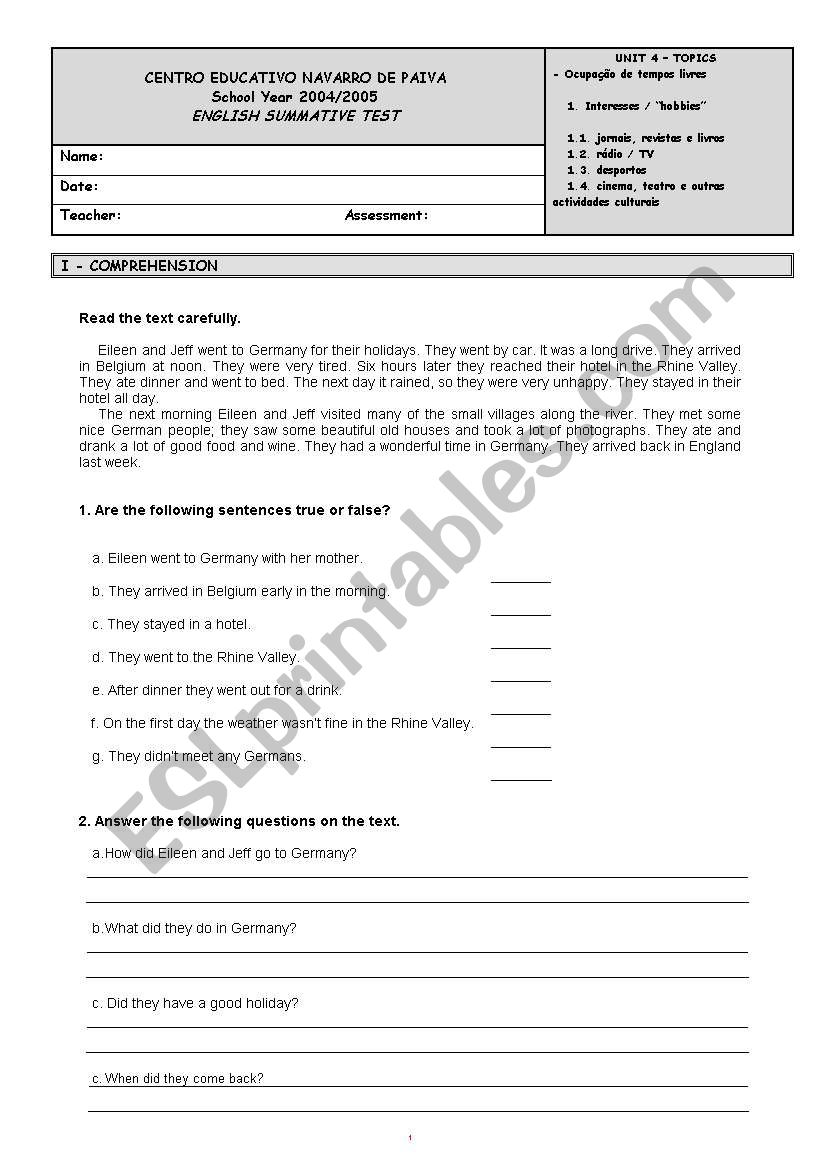 Free time activities worksheet