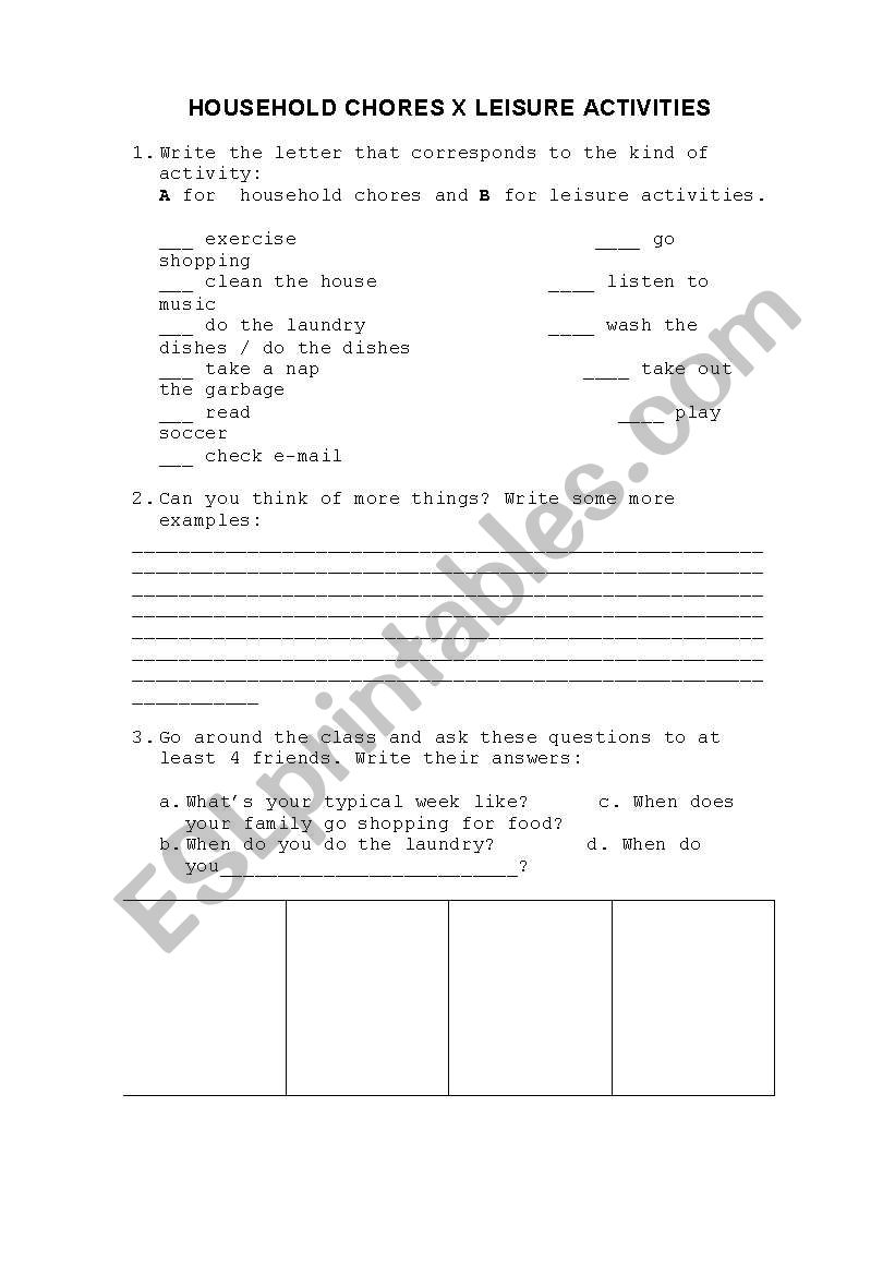 HOUSEHOLD CHORES X LEISURE ACTIVITIES