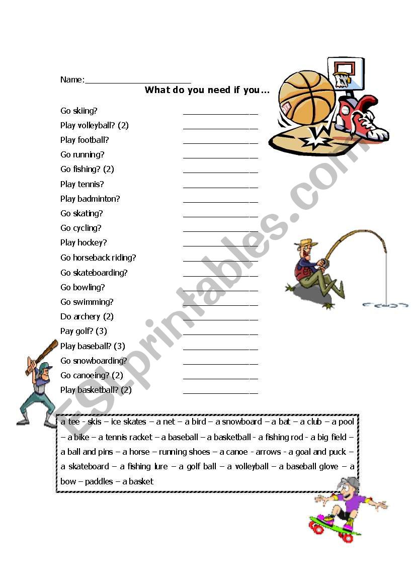 Sports and accessories worksheet