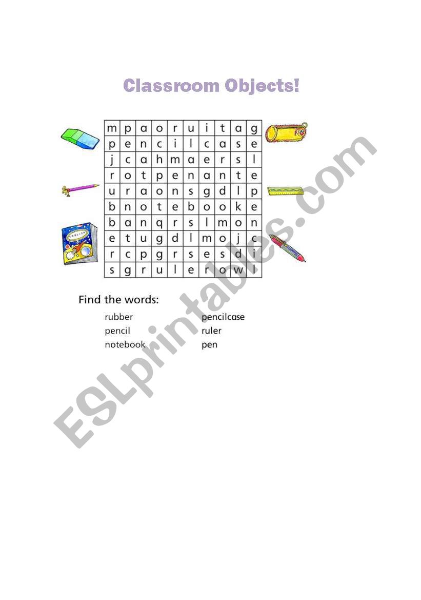 Classroom Objects Wordsearch worksheet