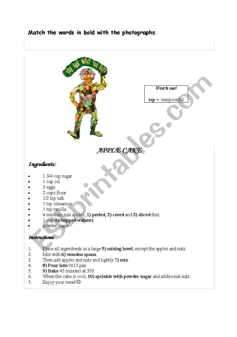 A recipe for apple cake worksheet