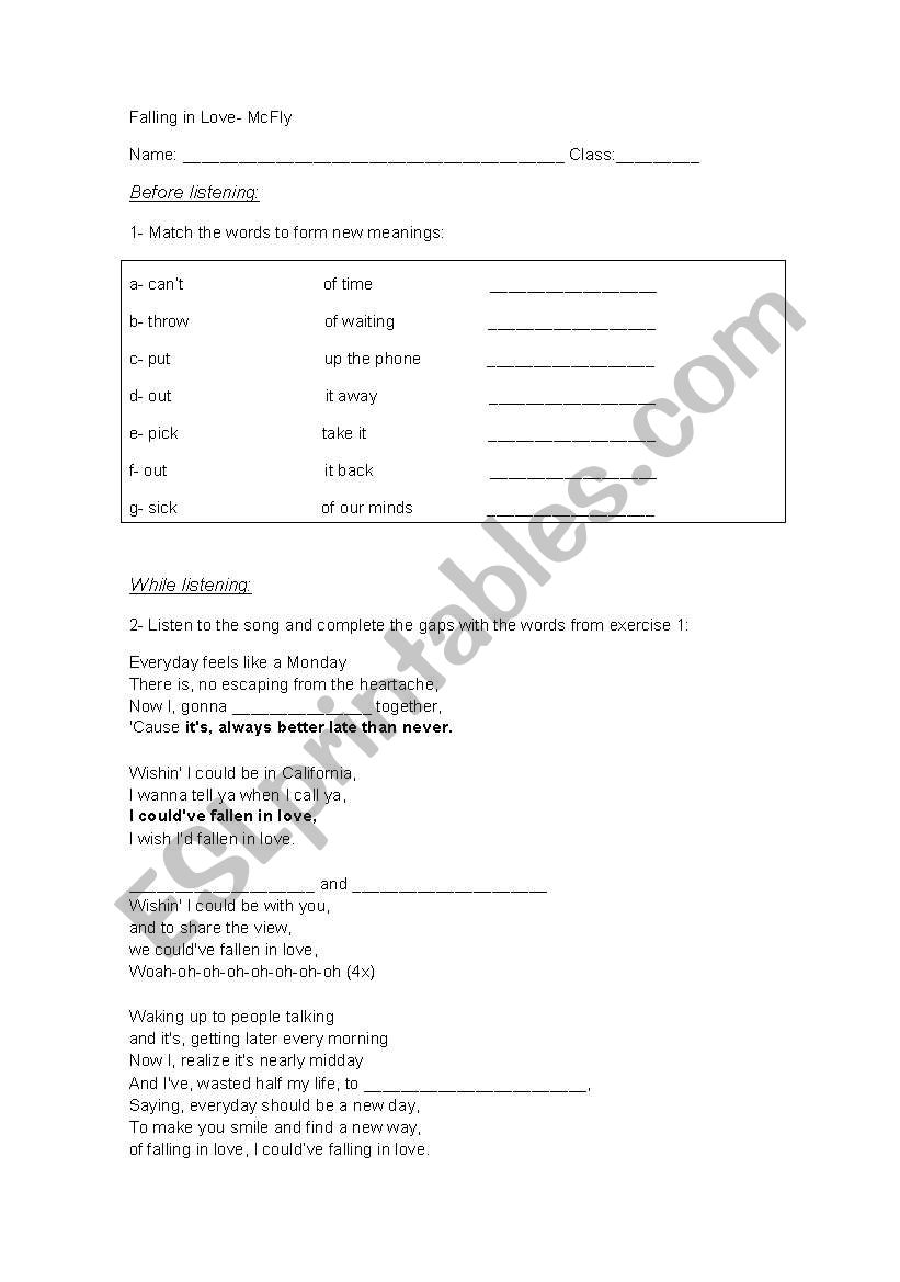 Song Activity- McFly worksheet