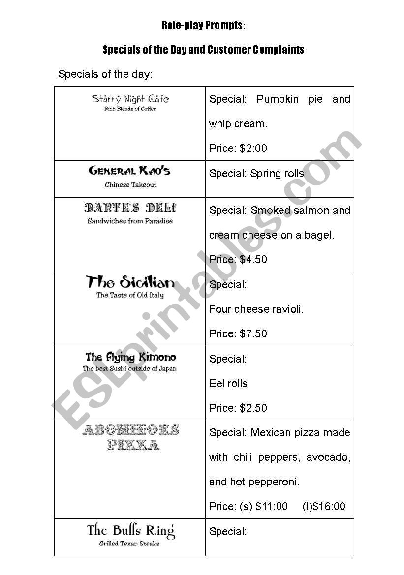 Restaurant Menu activity worksheet