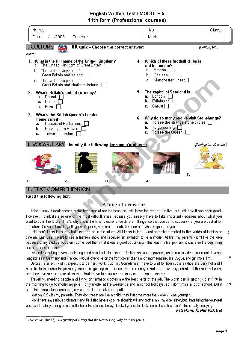 Teenage world worksheet