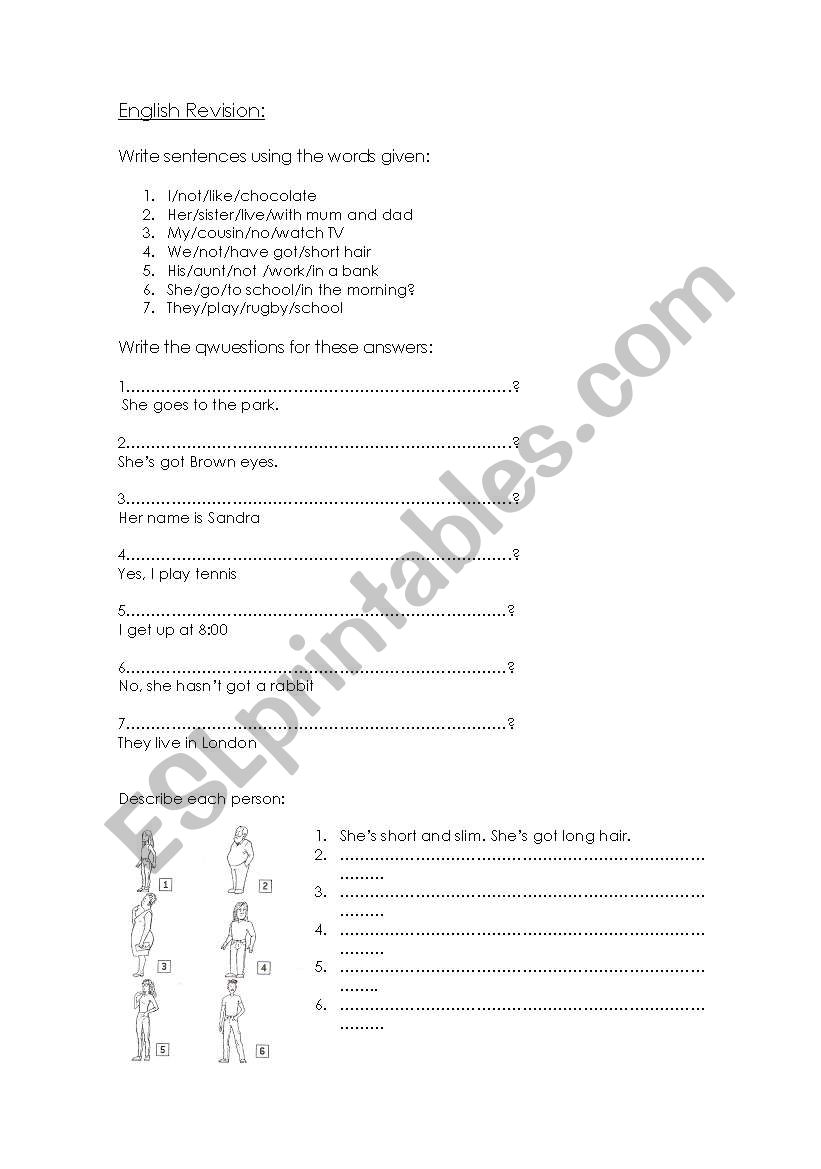 English Revision for test worksheet