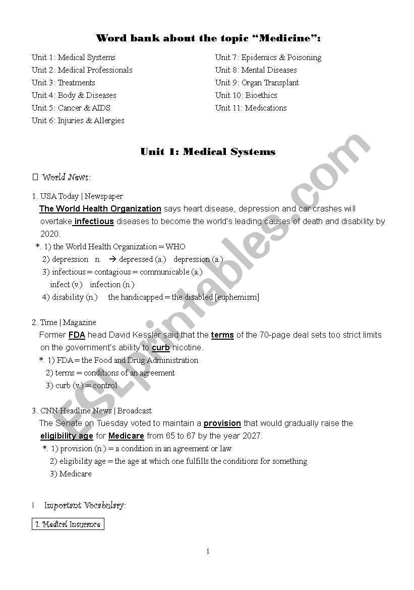 vocabulary about medicine worksheet