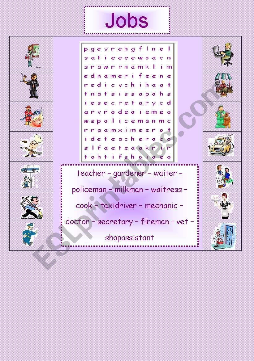 jobs - words search worksheet