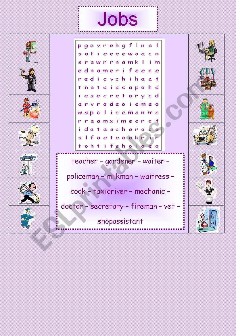 jobs - words search worksheet