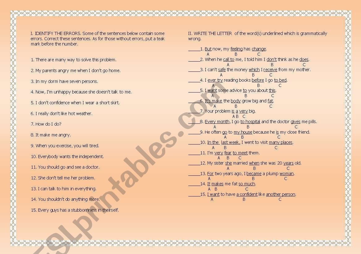English worksheets: Identifying Errors