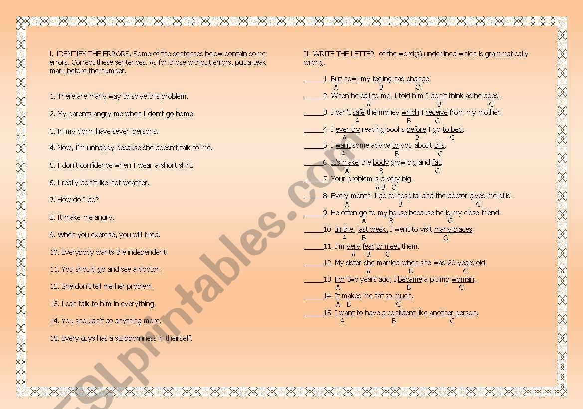 Identifying Errors worksheet