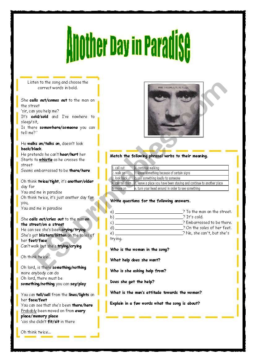 English worksheets: another day in paradise