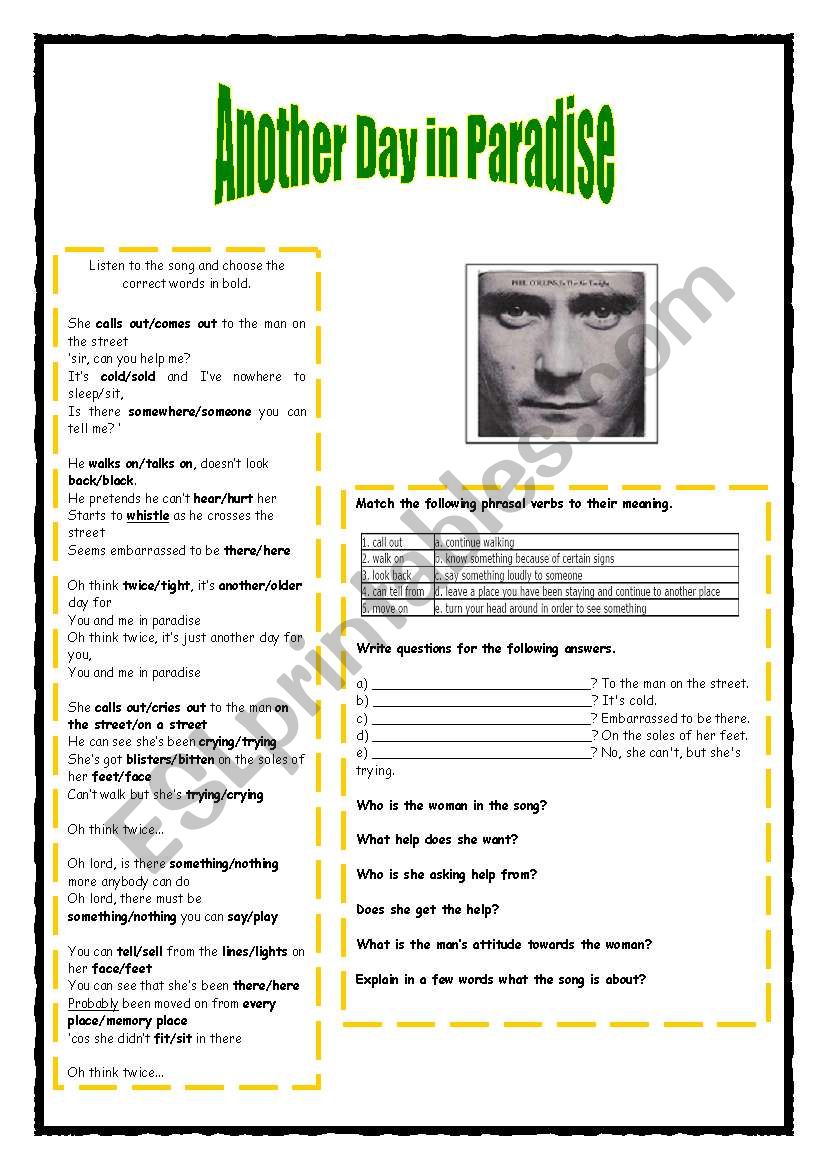 Another Day In Paradise lyrics - ESL worksheet by Adva