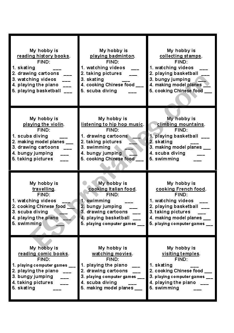 Hobby Conversation Cards worksheet