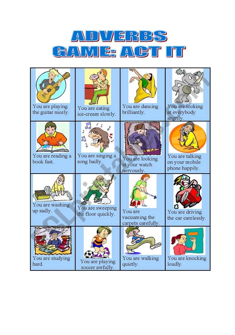 GAME: CARDS -adverbs-act it worksheet