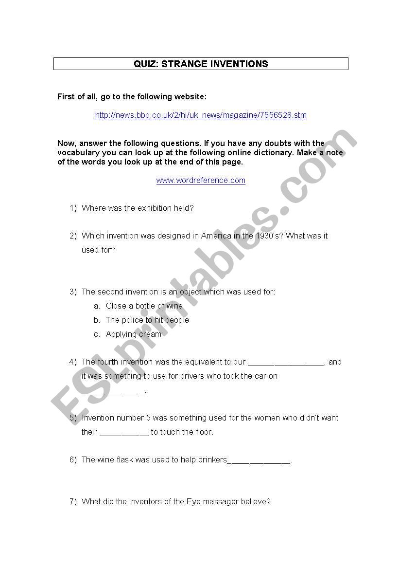 Quiz on Strange Inventions worksheet