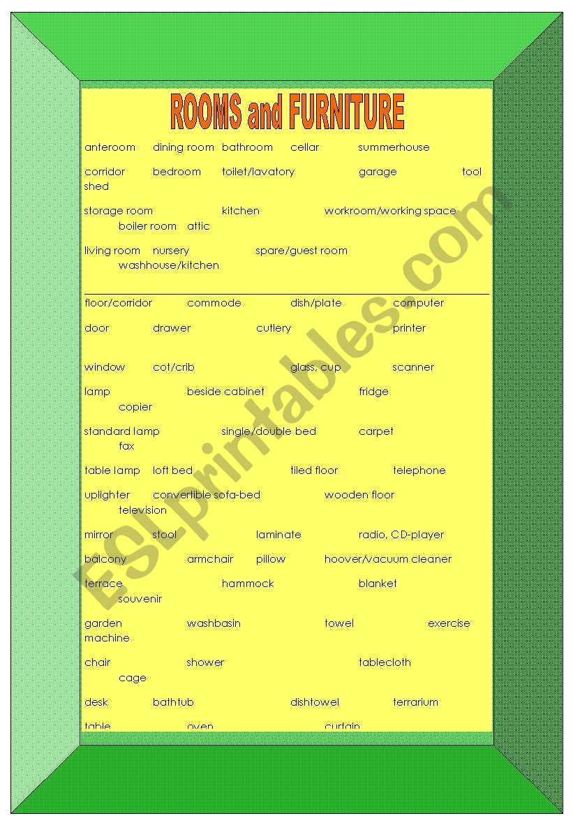 ROOMS and FURNITURE worksheet