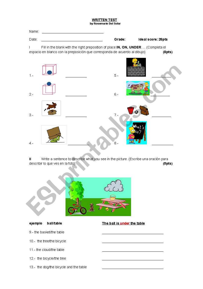 PREPOSITIONS OF PLACE worksheet