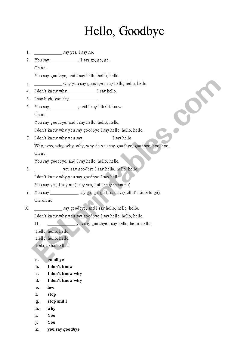 Beatles - Hello, Goodbye worksheet