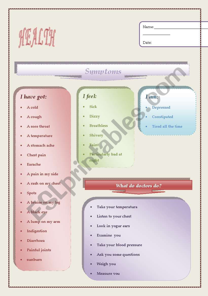 Health vocabulary worksheet