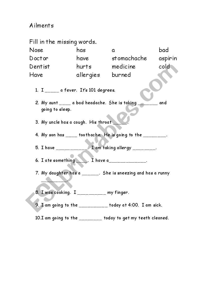 Ailments worksheet