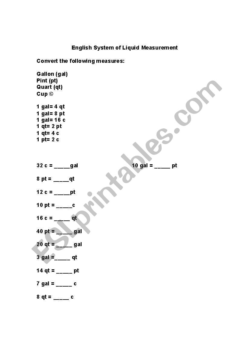 Systems of Liquid Measurement worksheet