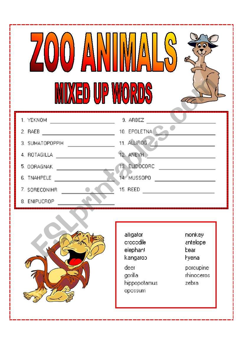 ZOO ANIMALS - MIXED UP WORDS worksheet