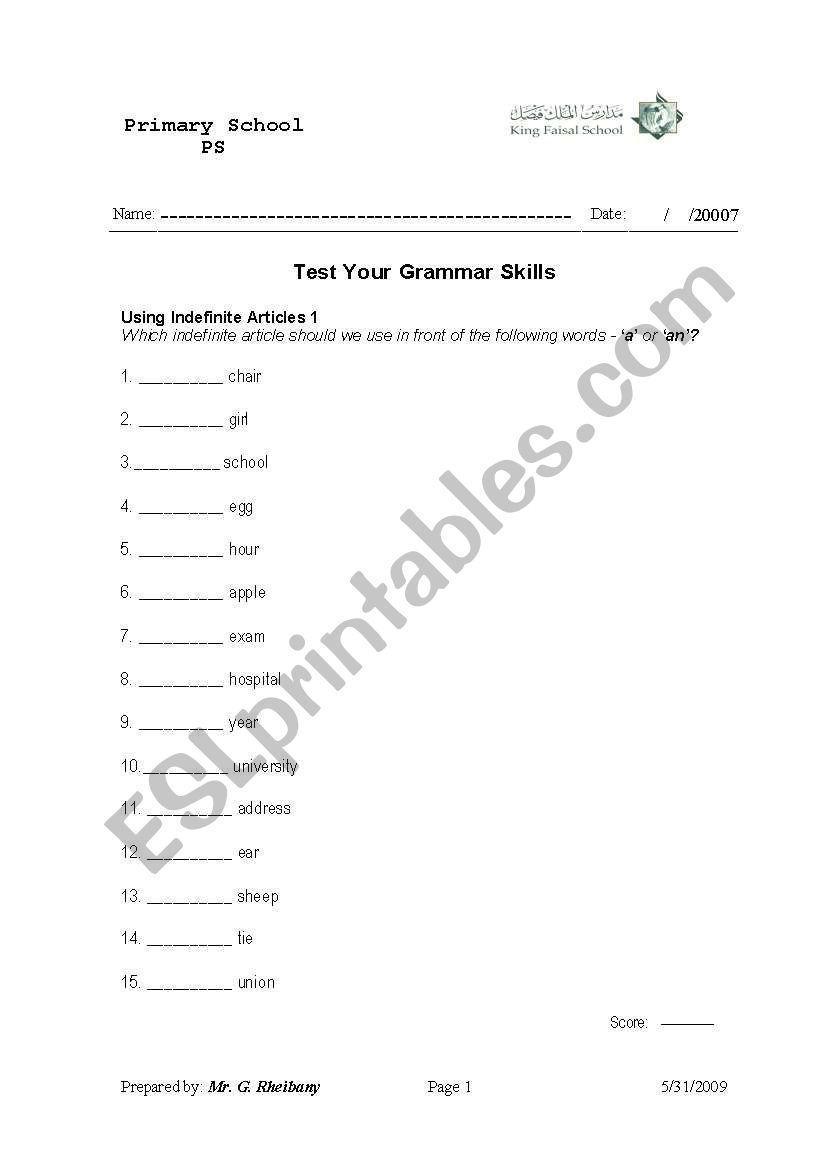 Using Indefinite Articles 1 worksheet